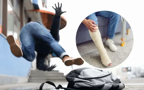 Niefortunny wypadek w drodze do pracy. Człowiek leci w powietrzu, a obok leży plecak. W kółku widać nogę w gipsie i kule.