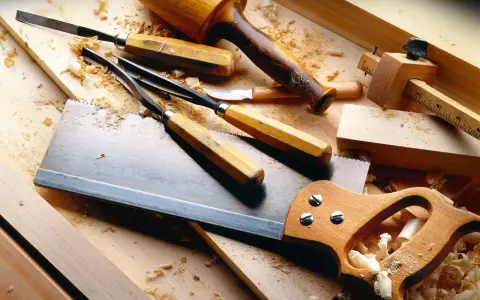 Attrezzi da falegname, seghetto, scalpelli, mazzuolo e truschino, pronti per lavorare il legno per hobby.