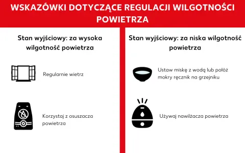 Jak zwiększyć wilgotność powietrza: gdy jest za niska, użyj nawilżacza, miski z wodą lub mokrego ręcznika na grzejniku.