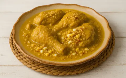 Pollo en pepitoria, un plato tradicional español, servido en un cuenco de cerámica con trozos de huevo duro y hebras de azafrán.