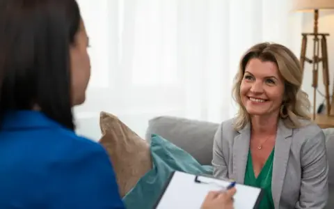 Uśmiechnięta kobieta rozmawia z psychologiem. Dowiaduje się, o czym rozmawiać z psychologiem, by poczuć się lepiej.