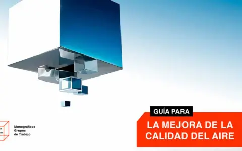 Guía para la mejora de la calidad del aire, con cubos abstractos y el logo de Smart City Cluster.