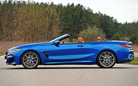 Niebieski roadster z brązową skórzaną tapicerką, zaparkowany na drodze z widokiem na las.