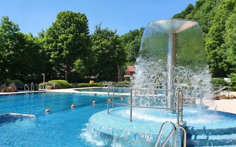 Erfrischender Brunnen im Naturbad Elbingerode, umgeben von grünen Bäumen und blauem Wasser.