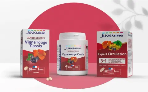 Produits Juvamine "Vigne rouge Cassis" et "Expert Circulation" pour des jambes légères. Les bienfaits de la vigne rouge pour la circulation.