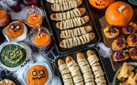 En härlig Halloween-buffé med mumiekorvar, pumpor och läskiga dippar. Perfekt för en mumie halloween-fest!