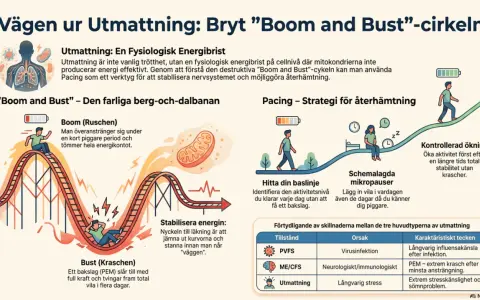 Bilden visar hur man bryter utmattningens "boom and bust"-cykel. Den illustrerar kronisk stress som en berg-och-dalbana, med strategier för återhämtning som pacing.