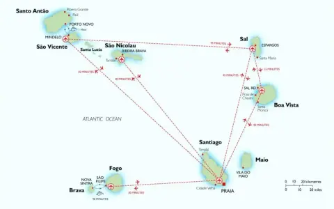Mapa wysp Zielonego Przylądka z zaznaczonymi połączeniami lotniczymi. Zobacz, co warto zobaczyć na Sal, Boa Vista, Santiago, Fogo, Santo Antão i São Vicente.