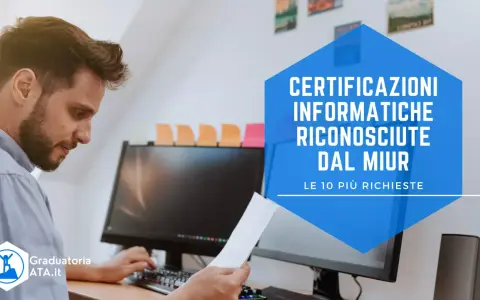 Uomo al computer con testo "Certificazioni informatiche riconosciute dal MIUR".
