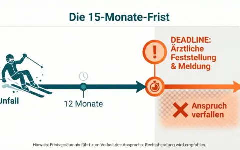 Schema zur 15-Monate-Frist nach einem Unfall. Nach 12 Monaten ist eine ärztliche Feststellung und Meldung für die Unfallversicherung und Schmerzensgeld nötig, sonst verfällt der Anspruch.