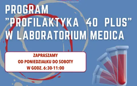 Grafika z napisem "PROGRAM PROFILAKTYKA 40 PLUS W LABORATORIUM MEDICA" i probówkami.