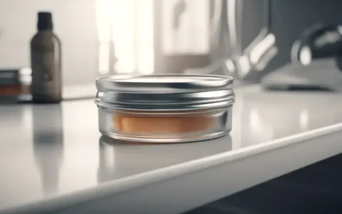 Ein glänzender Tiegel mit orangefarbener pomade wasserbasiert steht auf einer glatten Oberfläche. Im Hintergrund eine braune Flasche.