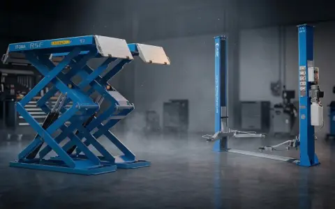 Dos tipos de elevadores para taller: uno de tijera azul y otro de dos columnas azul.