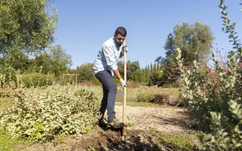 Uomo con pala in un giardino, forse per preparare il terreno con greenex nf dosaggio.