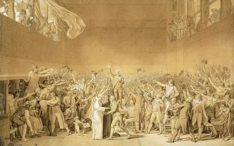 Der Ballhausschwur 1789: Eine Menge von Männern erhebt die Hände in einem Ballhaus, um einen Eid zu schwören.