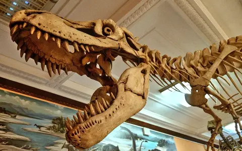 Szkielet tyranozaura w muzeum dinozaurów w Polsce. Potężna czaszka z ostrymi zębami i kręgosłupem budzą podziw.