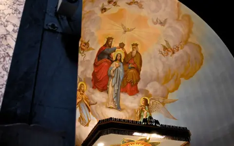 Obraz przedstawia scenę Koronacji Matki Bożej, symbolizującą jej wniebowzięcie nmp. W chmurach, wśród aniołów, Bóg Ojciec i Syn koronują Maryję.