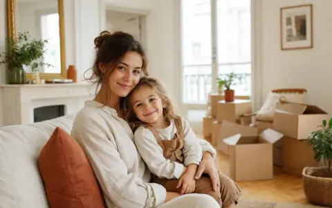 Mère et fille souriantes sur un canapé, entourées de cartons de déménagement. Un nouveau départ après un bail aux 2 noms, malgré la séparation.