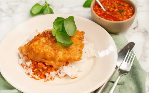 Krispig kyckling piccata serverad på ris med en smakrik tomatsås och färsk basilika. En härlig måltid!
