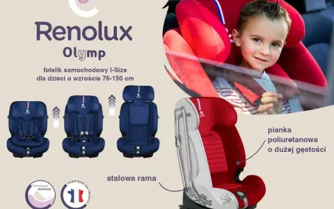 Renolux Olymp – fotelik I-Size dla dzieci 76-150 cm. Widok dziecka w czerwonym foteliku i prezentacja jego budowy: stalowa rama i pianka poliuretanowa.