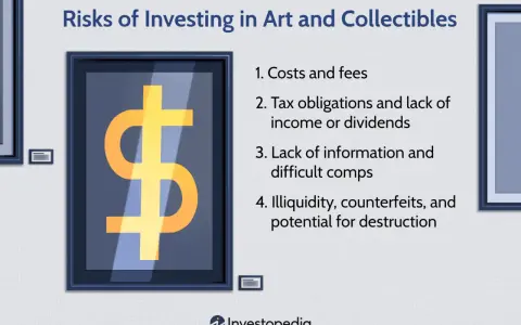 Risks of investing in art, including art investment funds. A dollar sign in a frame highlights costs, taxes, and illiquidity.