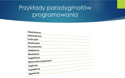 Lista różnych paradygmatów programowania: imperatywne, deklaratywne, funkcyjne, strukturalne, proceduralne, obiektowe, modularne, uogólnione, sterowanie zdarzeniami, logiczne, aspektowe, agentowe.