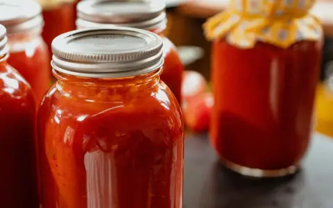 Plusieurs bocaux remplis de coulis de tomates maison, prêts à être dégustés.