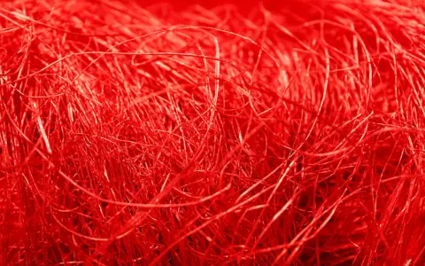 Un groviglio di fili rossi vibranti, una **fibra artificiale** che ricorda un nido intricato o capelli mossi dal vento.
