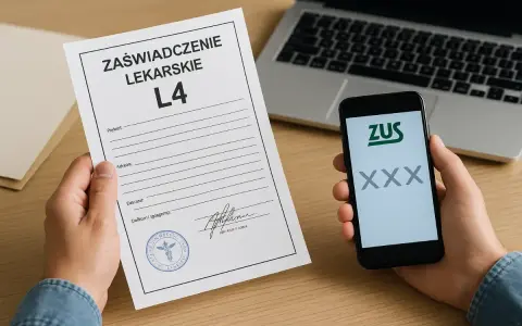Ręce trzymają zaświadczenie lekarskie L4 i telefon z aplikacją ZUS. To dobry powód na zwolnienie lekarskie.