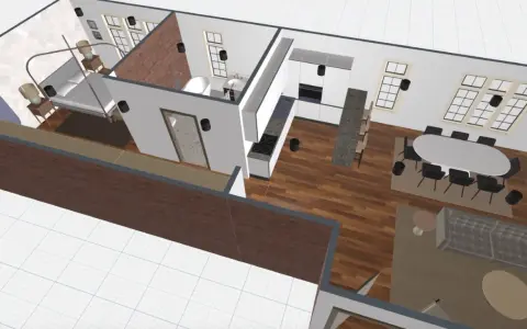 Distribución loft: dormitorio con cama, baño, cocina moderna y salón comedor con mesa ovalada y sofá.
