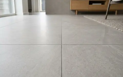 Suelo de salón moderno con azulejo rectificado de gran formato en tonos grises, creando un ambiente minimalista y elegante.