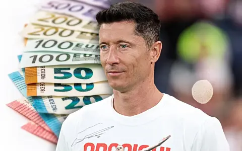 Robert Lewandowski na tle stosu banknotów euro.