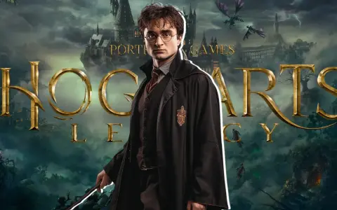 Harry Potter, con su túnica y varita, se alza ante el castillo de Hogwarts. El logo de "Hogwarts Legacy 2" brilla en dorado, rodeado de dragones y misterio.