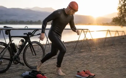 Triathlet in Neoprenanzug und Badekappe, bereit für die Herausforderung. Neben ihm steht sein Rennrad, die Laufschuhe warten. Die verschiedenen triathlon distanzen sind im Kopf.