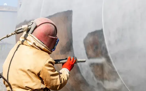 Pracownik w kombinezonie i masce wykonuje piaskowanie metalu, przygotowując duży zbiornik do dalszych prac.