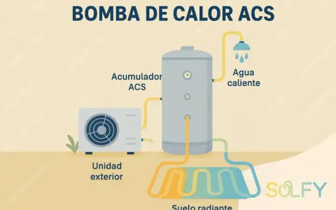 Bomba de calor ACS con unidad exterior, acumulador de agua caliente sanitaria y suelo radiante.