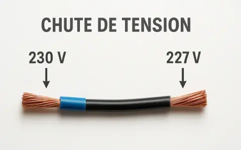 Chute de tension : 230V à gauche, 227V à droite. Le diamètre du câble électrique influence cette perte.