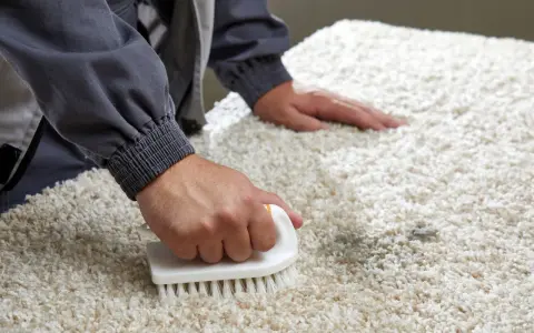 Persona usa un cepillo para limpiar alfombra con bicarbonato, eliminando manchas y malos olores.