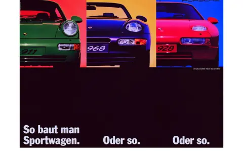 Porsche 911, 968 und 928 in leuchtenden Farben. Die Porsche Werbung zeigt, wie Sportwagen gebaut werden.
