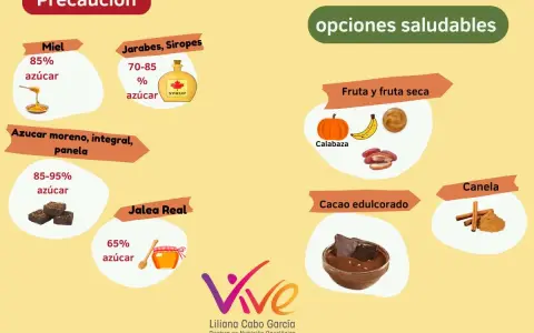 Tipos de endulzantes: miel, jarabes, azúcar moreno, jalea real, cacao edulcorado, fruta y canela. Opciones saludables para postres.