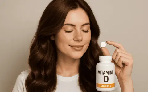 Une femme tient une pilule de vitamine D, un geste pour la santé de ses cheveux.