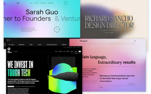 Moderne Websites mit klarem Layout und Farbverläufen. Ein Beispiel für gutes Webdesign, das Informationen über Gründer, Investitionen und Design präsentiert.