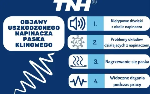 Objawy uszkodzonego napinacza paska klinowego: nietypowe dźwięki, problemy z układami, nagrzewanie się paska, drgania. Wymiana paska klinowego może być konieczna.