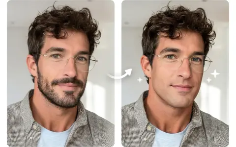 Un hombre con barba sin bigote se transforma a un rostro afeitado y radiante.