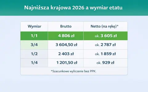 Tabela pokazuje najniższą krajową w Polsce w 2026 roku dla różnych wymiarów etatu: 1/1, 3/4, 1/2, 1/4. Podano kwoty brutto i netto.