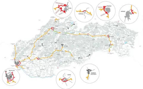 Słoneczna Słowacja: mapa dróg z zaznaczonymi autostradami i tunelami, pokazująca główne miasta jak Bratysława, Żylina, Koszyce.