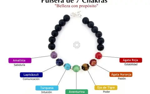 Pulsera de 7 Chakras con piedras de colores, cada una con su significado: amatista (sabiduría), lapislázuli (comunicación), turquesa (intuición), aventurina (amor), ojo de tigre (poder), ágata naranja (pasión) y ágata roja (estabilidad).