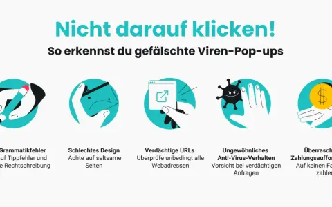 Warnung: Handy-Viren-Pop-ups erkennen. Achte auf Fehler, schlechtes Design, verdächtige URLs, ungewöhnliches Anti-Virus-Verhalten und Zahlungsaufforderungen.