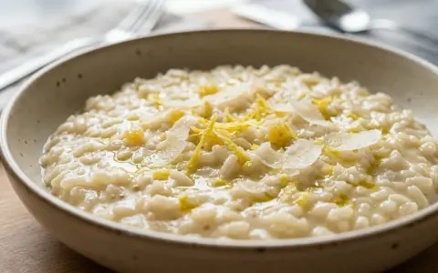 Un cremoso risotto al limone, guarnito con scorza di limone e scaglie di parmigiano, pronto per essere gustato.