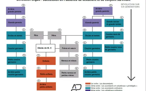 Schéma de dévolution légale : parents, enfants, frères, sœurs, cousins, neveux, etc. pour le service succession.